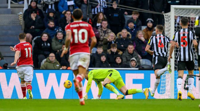 Chris Wood pictured (left) scoring against Newcastle United to complete a hat-trick in a 3-1 win for Nottingham Forest on Boxing Day in 2023